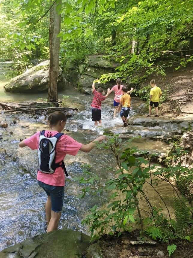 Kids walking through stream at Moss Rock Preserve.