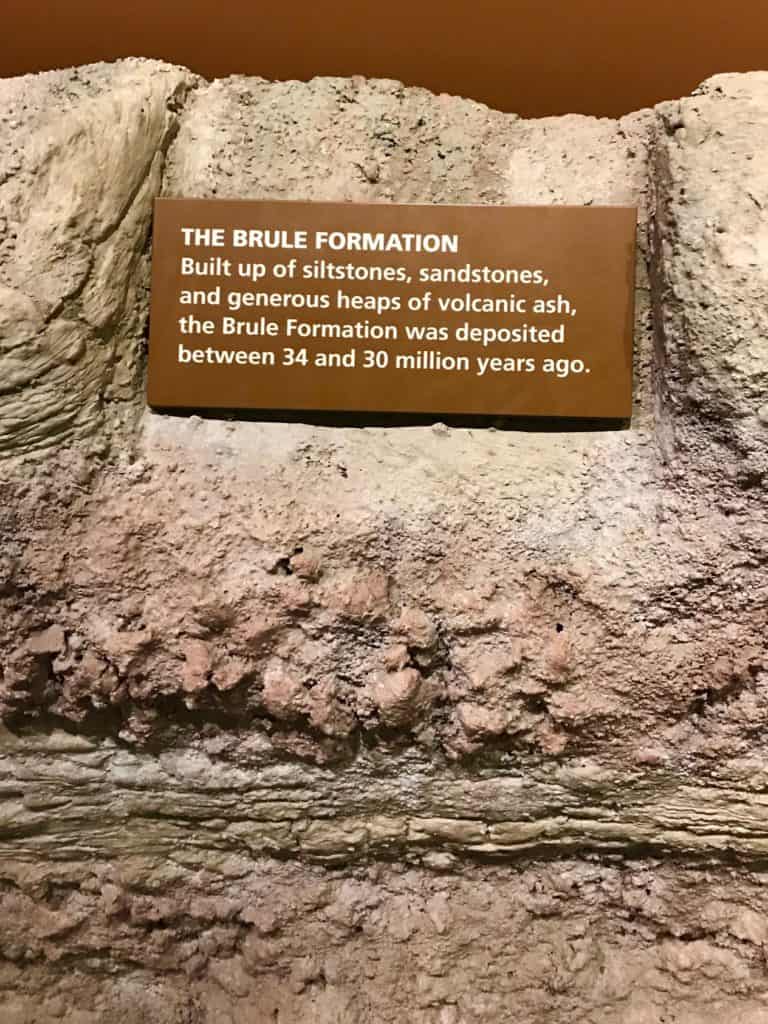 Closeup of display showing the Brule formation soils in the Badlands NP.