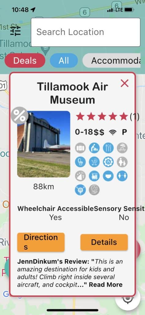The picture shows the services found at the Tillamook Air Museum, provided by the GoWhee App.