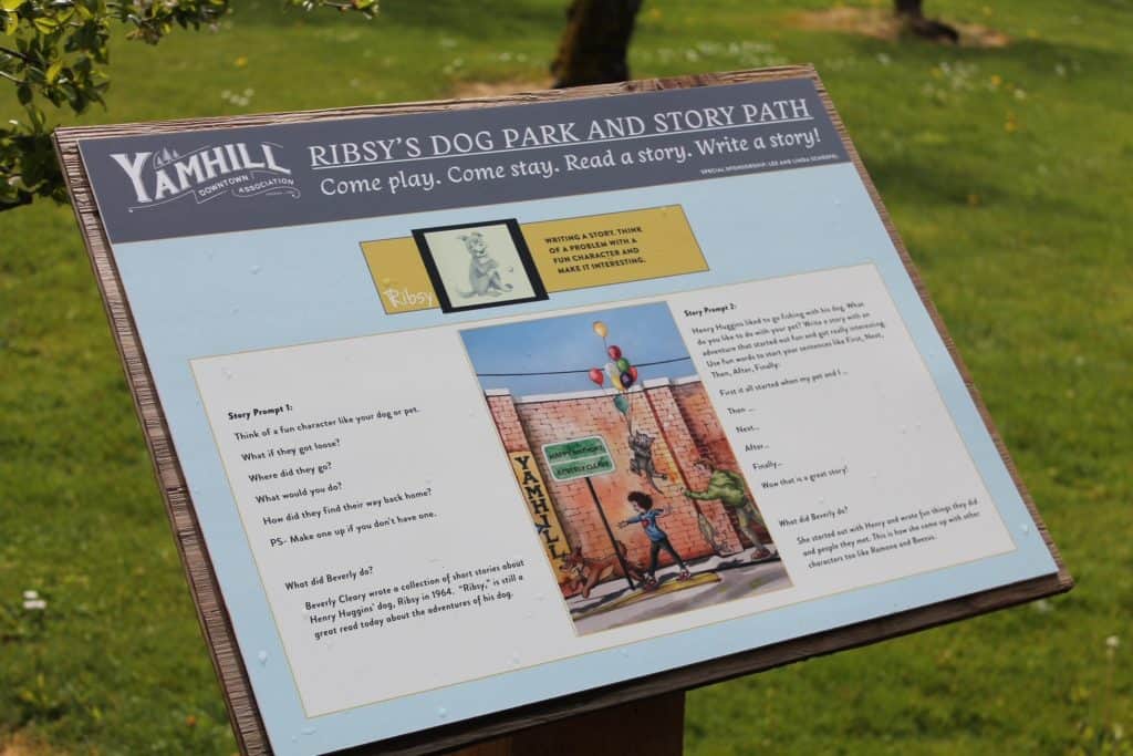 Ribsy's Dog Park sign in Yamhill. The Beverly Cleary Literary Walk in downtown Yamhill is on of our favorite family activities near McMinnville.