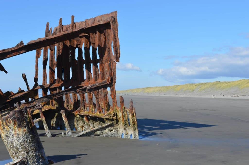 A shipwreck decorates one of Oregon's northern beaches.