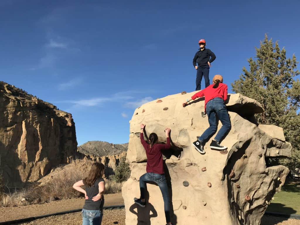 Kids climbing rock at a playground.