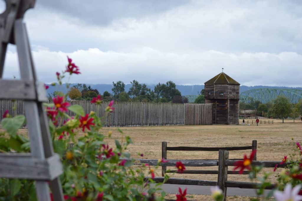 Bastion and palisades of Fort Vancouver National Park as seen from the historic garden. 