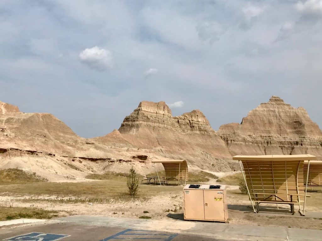 Covered picnic tables at the Ben Reifel Visitor center in Badlands NP.