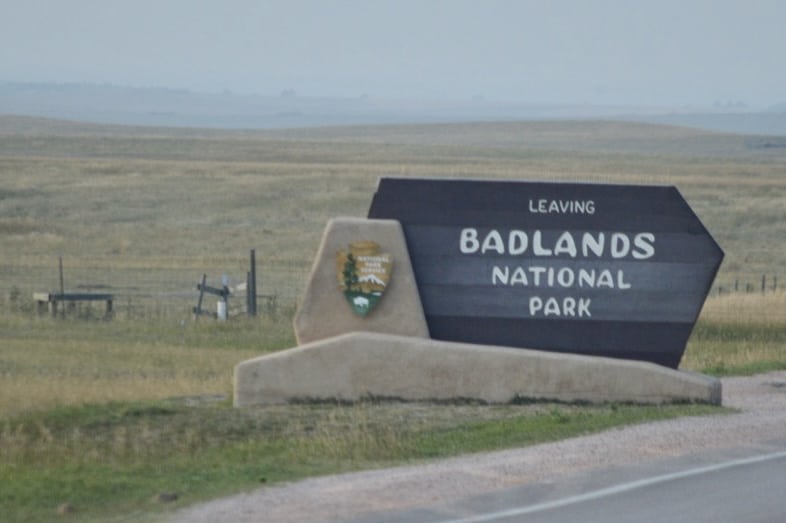 Sign says "Leaving Badlands National Park"