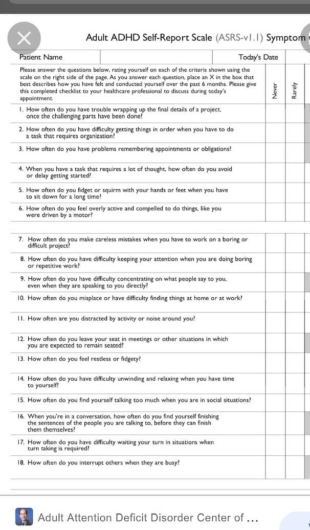 Screen shot of the adult ADHD assessment.