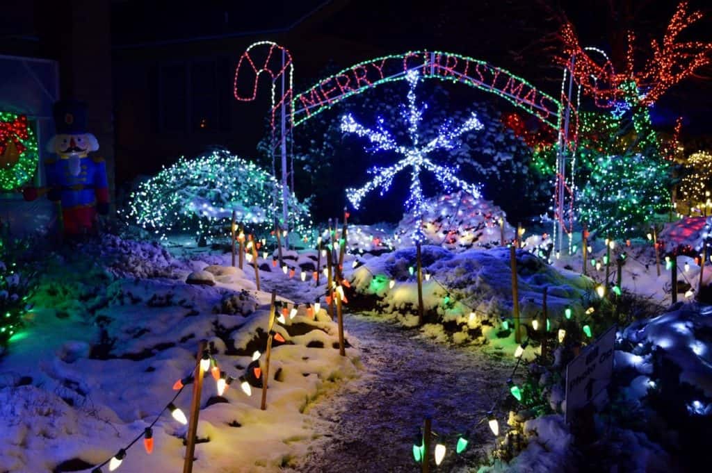 A snowy trail at the Silverton Christmas Market (aka Christmas in the Garden Oregon)