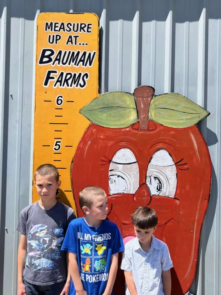Boys standing in front of apple measuring stick at Bauman farms, the best pumpkin patch in Salem Oregon