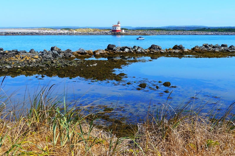 A lighthouse overlooks a bay at Bullards Beach State Park.