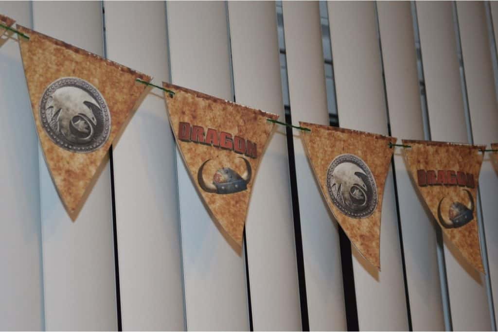 Birthday pennant banner printed with How to Train Your Dragon characters.
