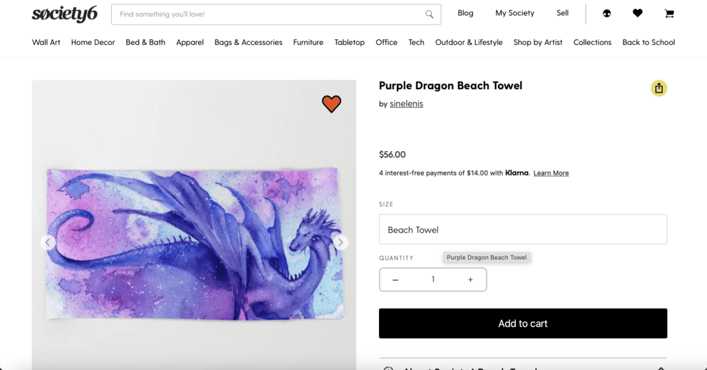Screenshot of Society6 product purple dragon beach towel. Gifts for dragon lovers.
