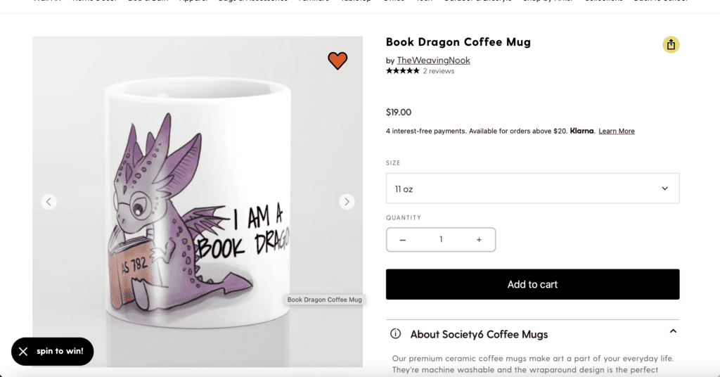 Book Dragon mug from Society6. Dragon gifts for her or him.