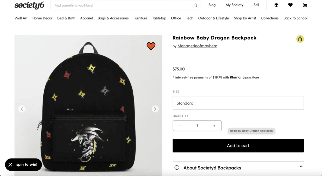 Rainbow baby dragon backpack from Society6.