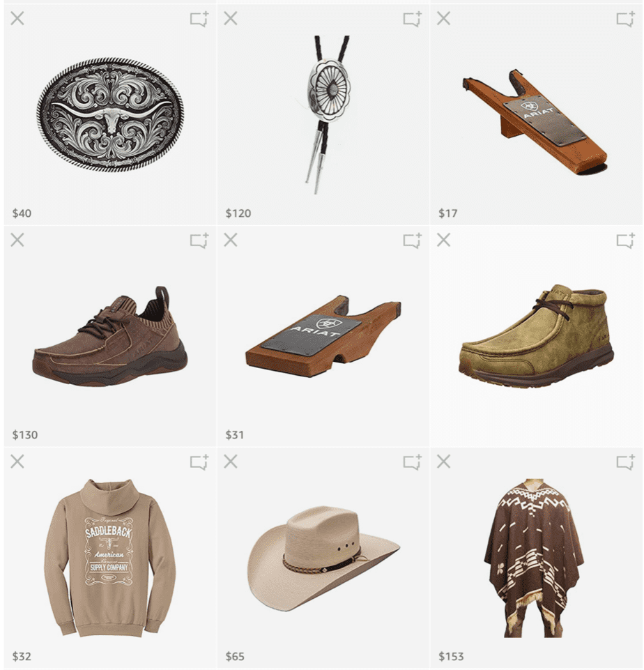 A grid of nine products that are found at our Amazon Shop. You can find all 19 Best Cowboy Gifts for Men at our Amazon Shop and Society6 Shop.