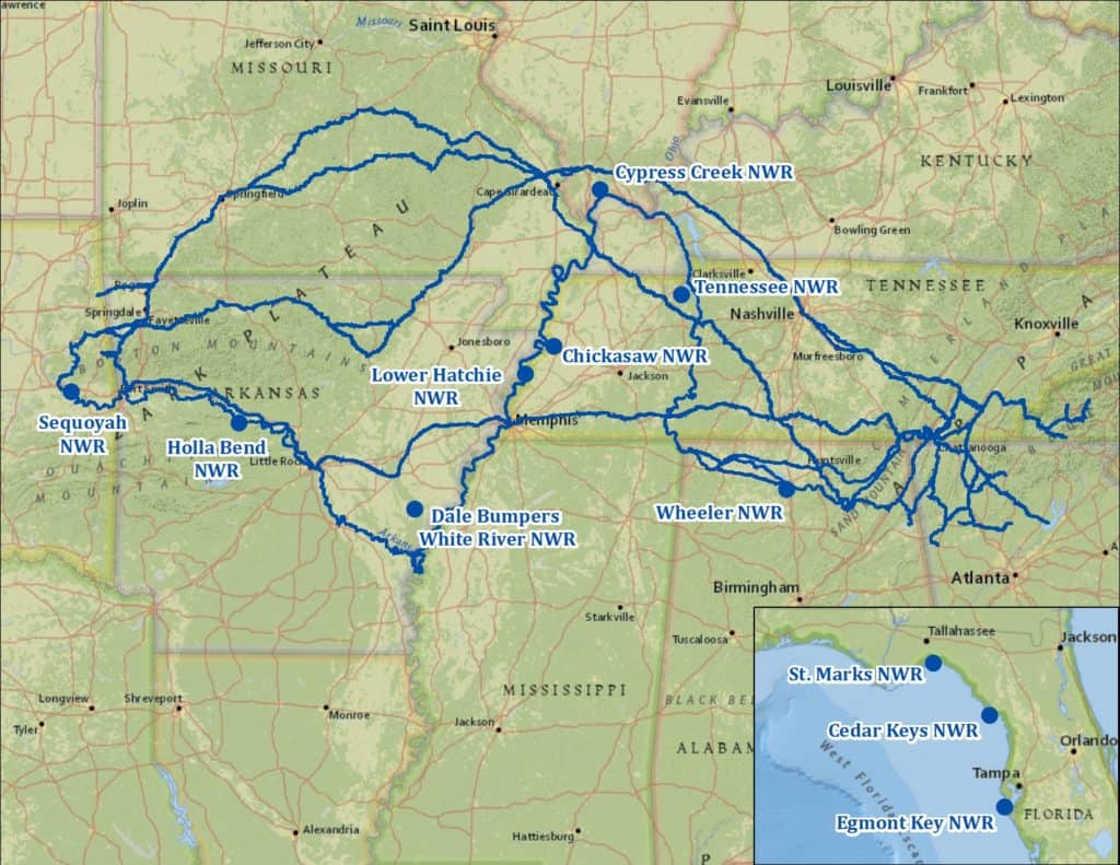 A map shows 8 National wildlife refuges that are located along the Trail of Tears National Historic Trail. Cypress Creek NWR is the northernmost of these refuges.