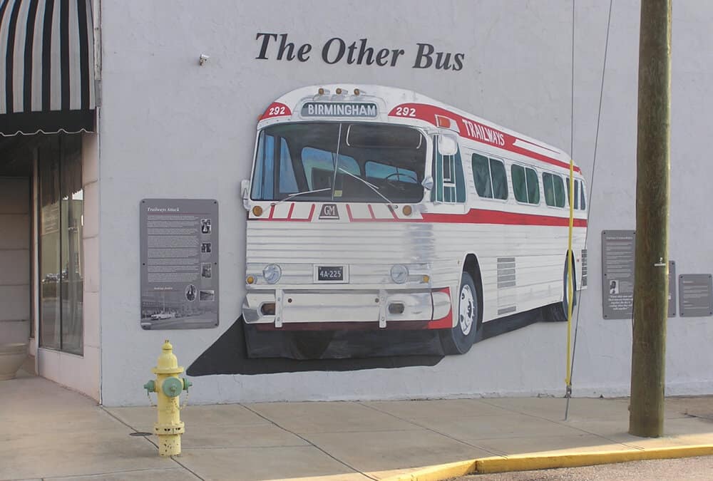 Mural of "The Other Bus". Freedom Riders National Monument in Alabama.