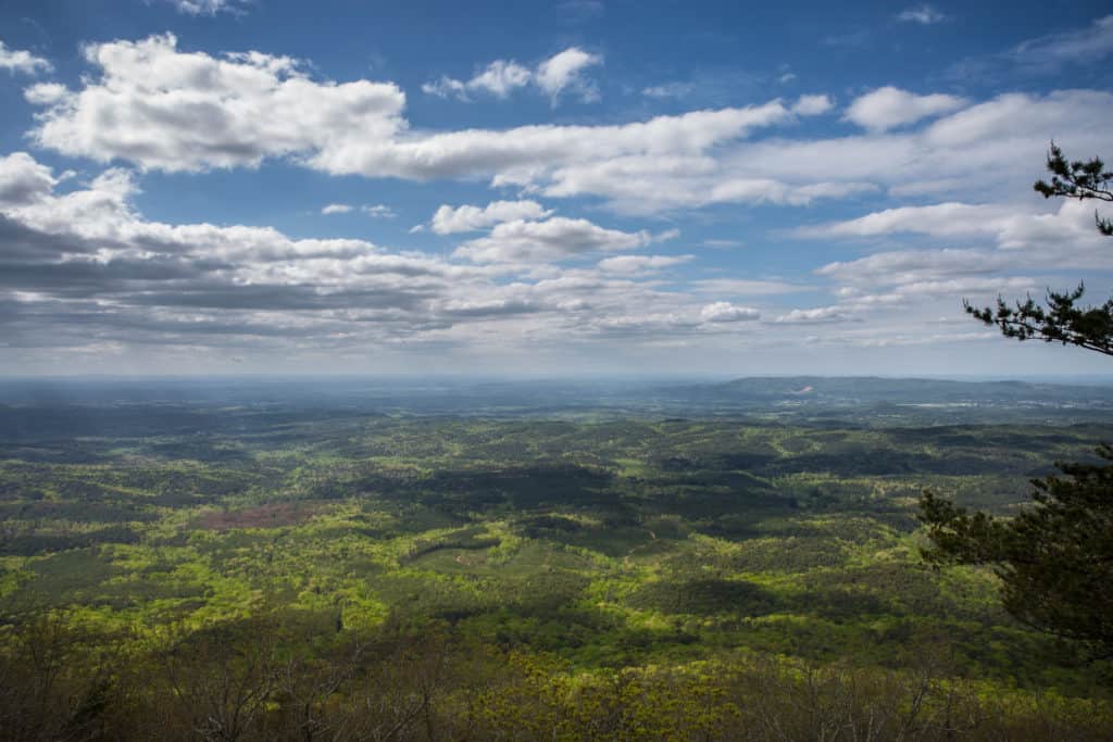 The picture shows a wide panorama of Alabama countryside. Bald Mountain Boardwalk is one of the best hiking trails near Birmingham AL.