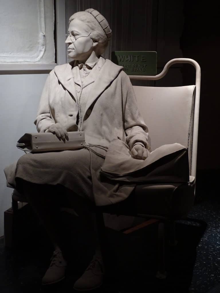 Rosa Parks statue on bus at Birmingham Civil Rights National Monument, one of the national parks in Alabama.