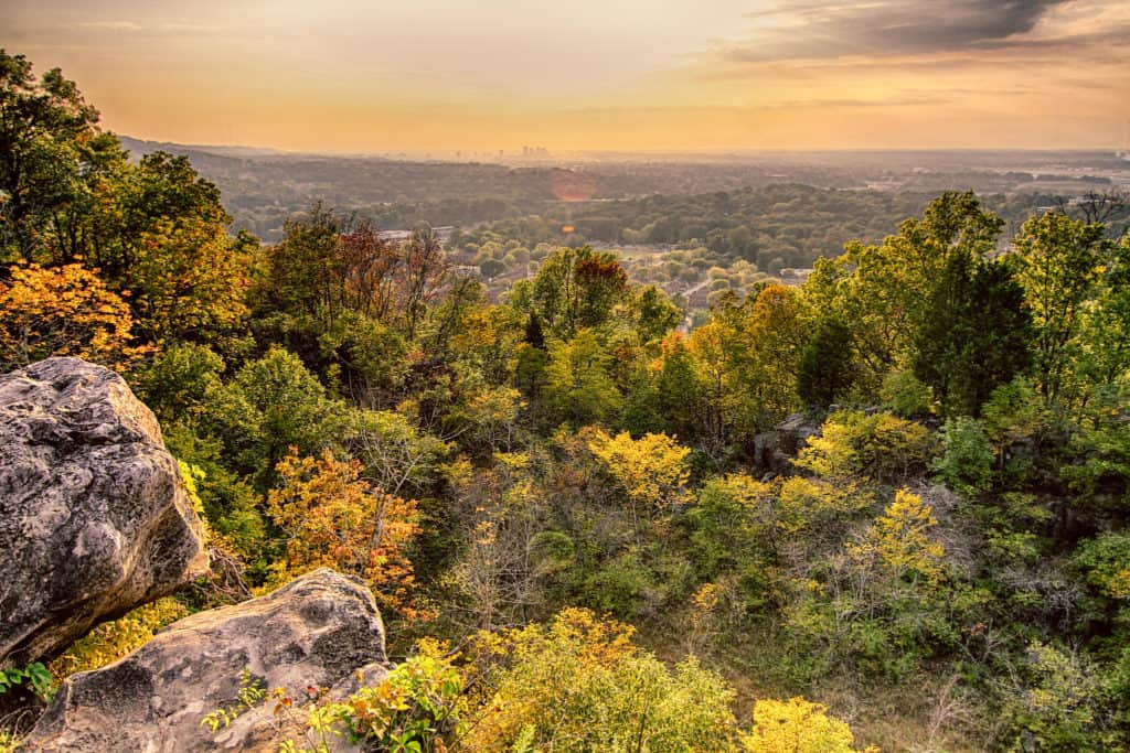 A beautiful view of downtown Birmingham from up on Ruffner Mountain. Ruffner Mountain is a great place to find hiking trails in Birmingham AL.