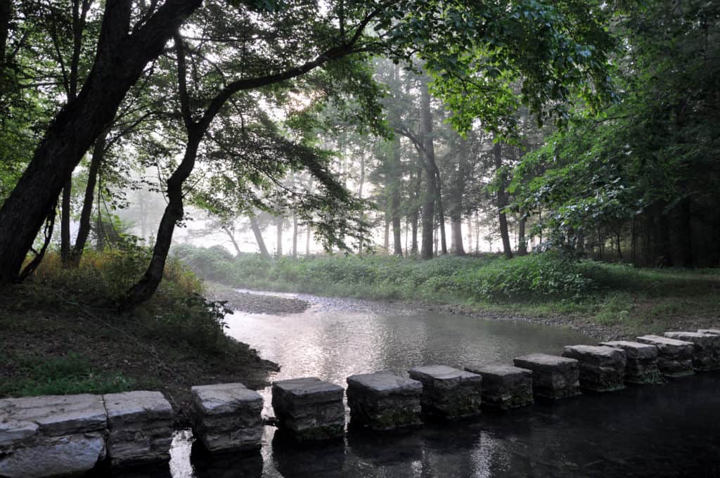 Stepping stones crossing a wooded river. Natchez Trace Parkway & Natchez Trace Scenic Trail. Historically significant national parks in Alabama. Image courtesy of NPS.