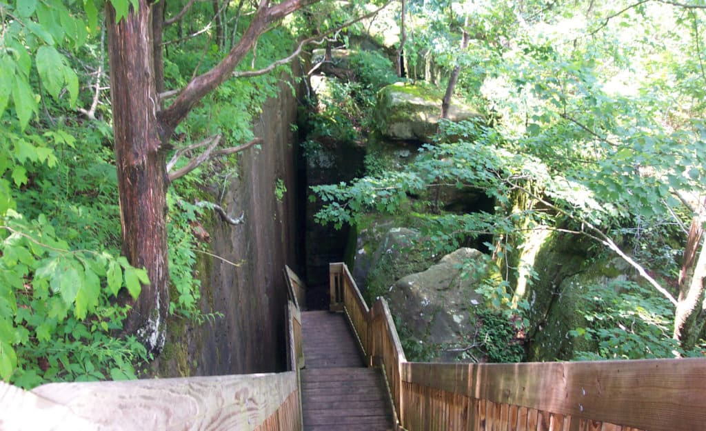 A wooden staircase descend amid the rock clefts of the RIm Rock National Recreation Trail.