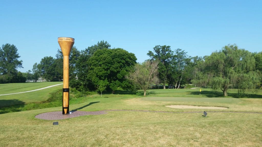The world's largest golf tee keeps watch at a golf course in Casey, Illinois.