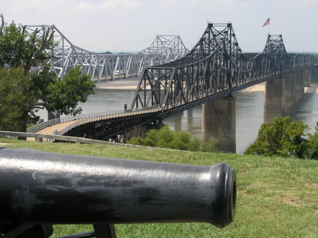 Two bridges span the Mississippi river while a Civil War canon stands sentinel at Vicksburg National Military Park. Image from NPS. 