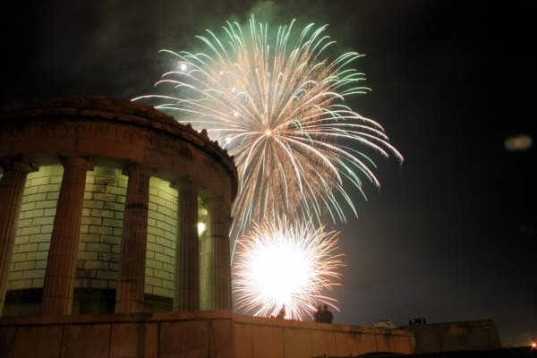 The George Rogers Clark monument is lit up by fireworks. You can find all of the national monuments and memorials on Dinkum Tribe's List of National Parks and Monuments by State. Image by GPA Photo Archive.