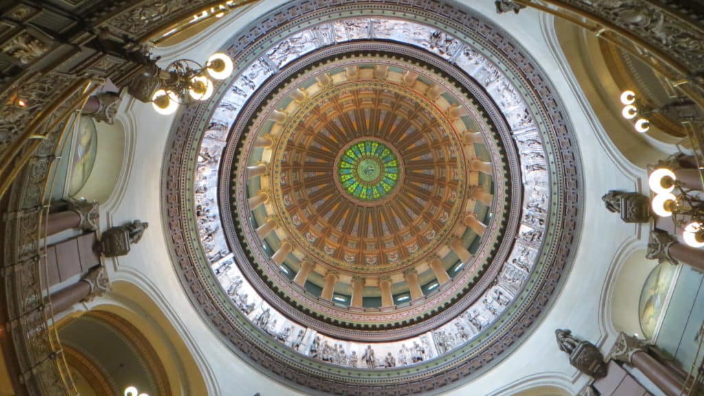 Shades of green, copper, and silver highlight the the Illinois' capitol's ornate dome.
