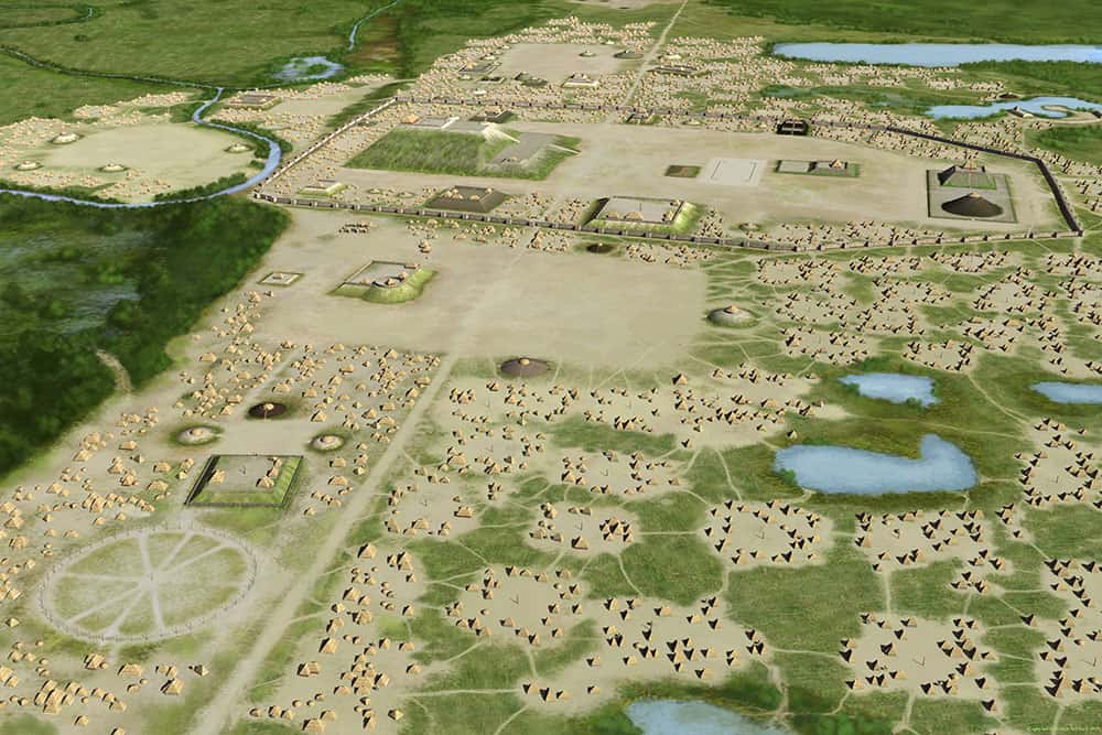 An artist's rendition of what Cahokia probably looked like at the height of its power. Groups of villages and a few ceremonial centers surround the large walled city complex.