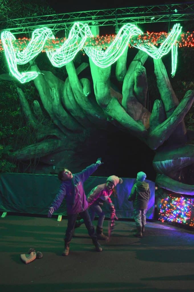 Our daughter stands awestruck under a huge glowing boa constrictor at Zoo Lights. Zoo Lights is one of the 9 best places to see christmas lights in Portland.