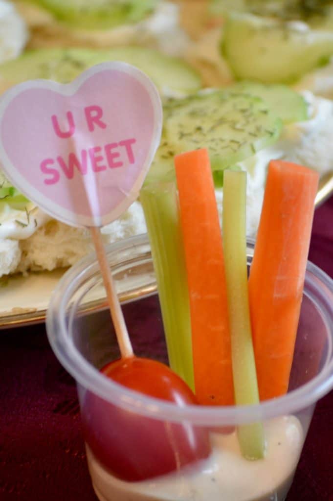 INdividual veggie sticks and dip for Valentine's Day