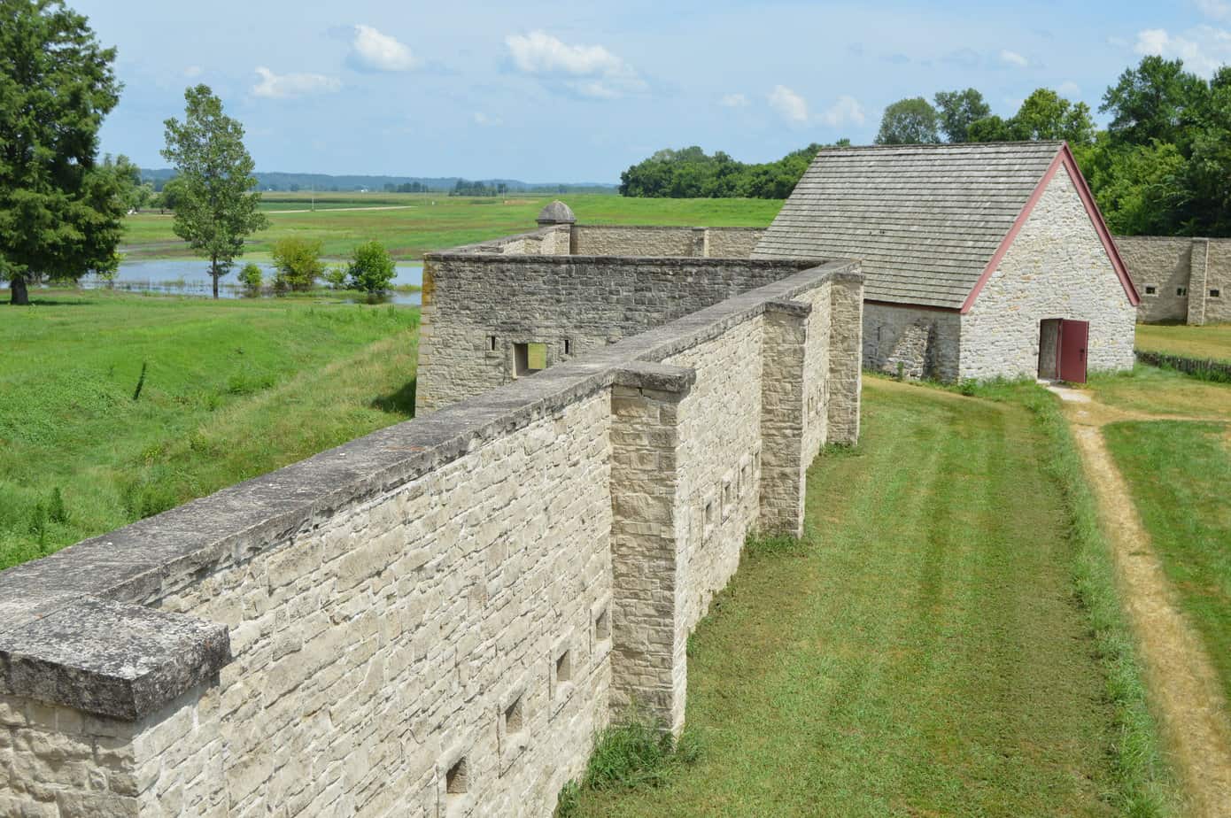 Tall stone walls surround important parts of historic Fort de Chartres in Southern Illinois.