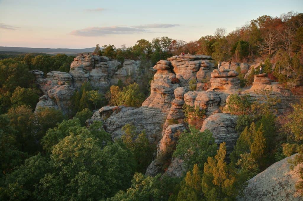 Morning sunlight gilds the Garden of the Gods in llinois' Shawnee National Forest. Garden of the Gods is one of the 37 best things to do in Southern Illinois.