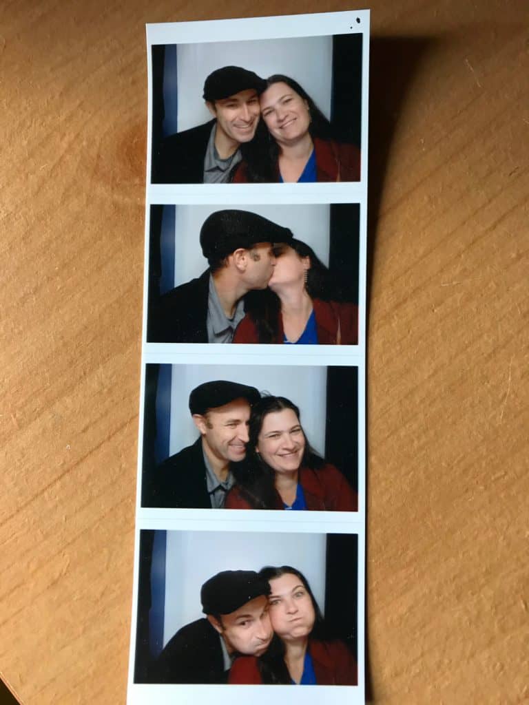 Instant photo booth pictures of laughing husband and wife. Date night for Married Couples.