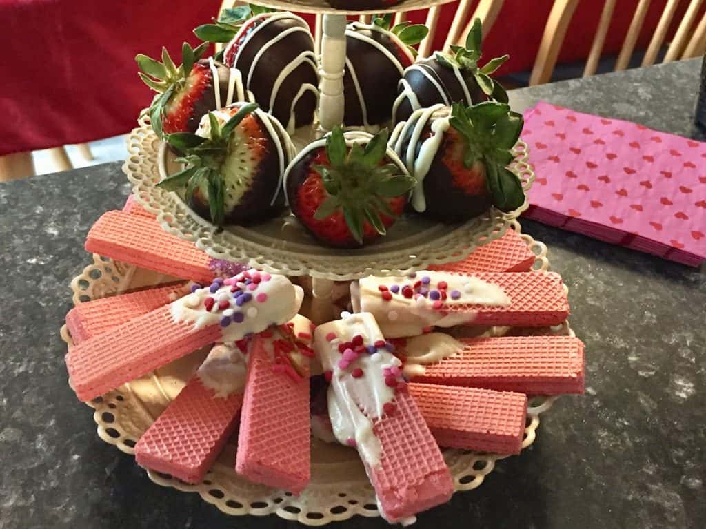 Tiered dessert tray for Valentine's Day. Valentine's Day picnic ideas.
