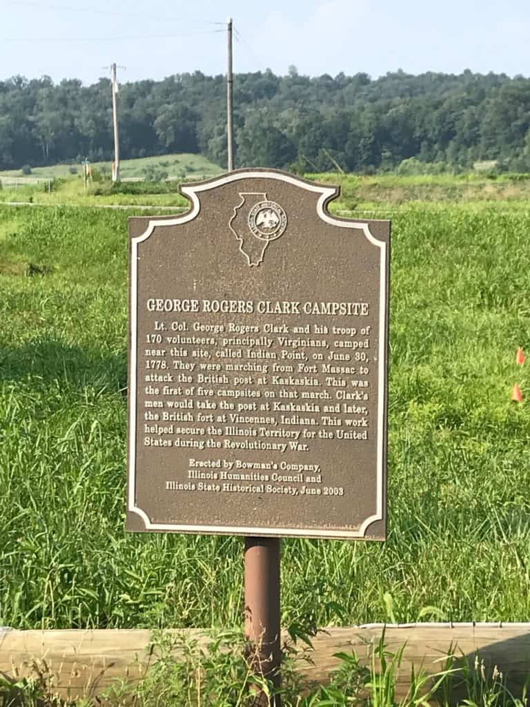 A signs marks the location of one of George Roger Clark's campsites during the Illinois Campaign.