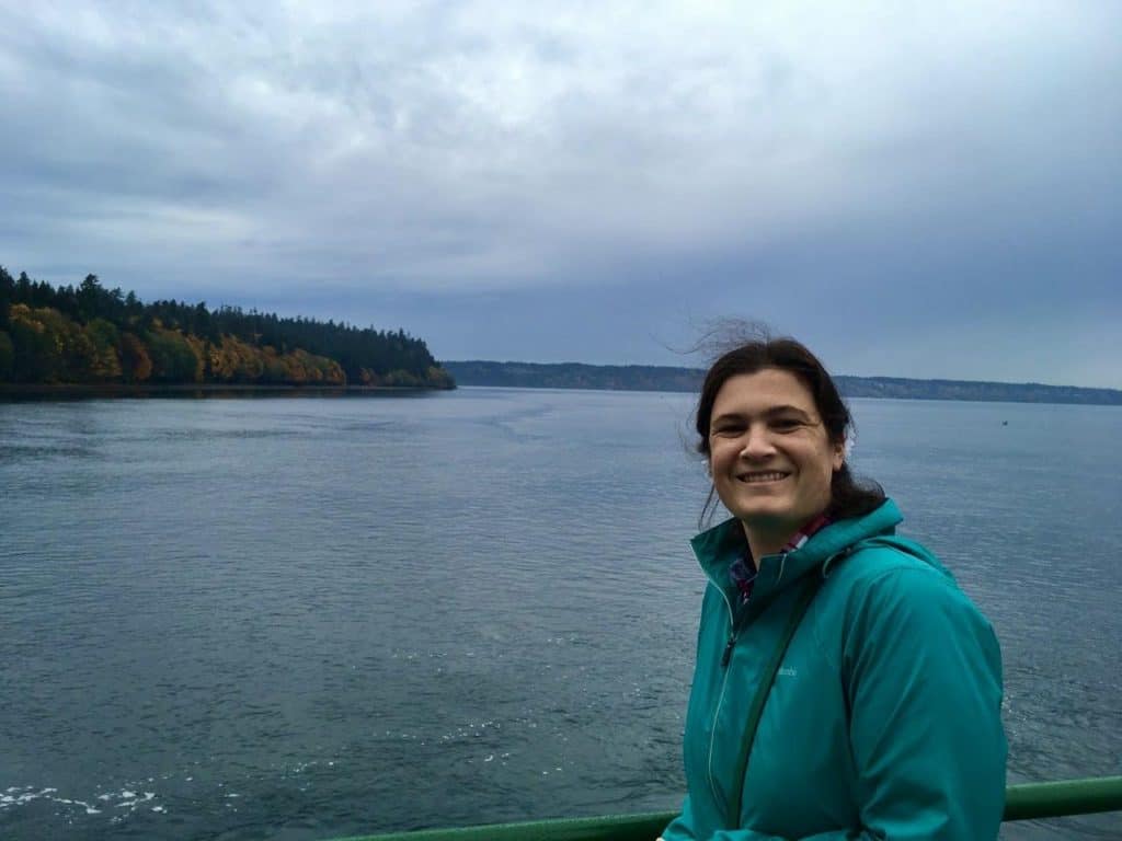 My wife smiles on a ferry ride across Puget Sound.