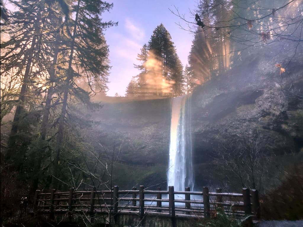 Light bursts over the forested escarpment of South Falls at Silver Falls State Park.