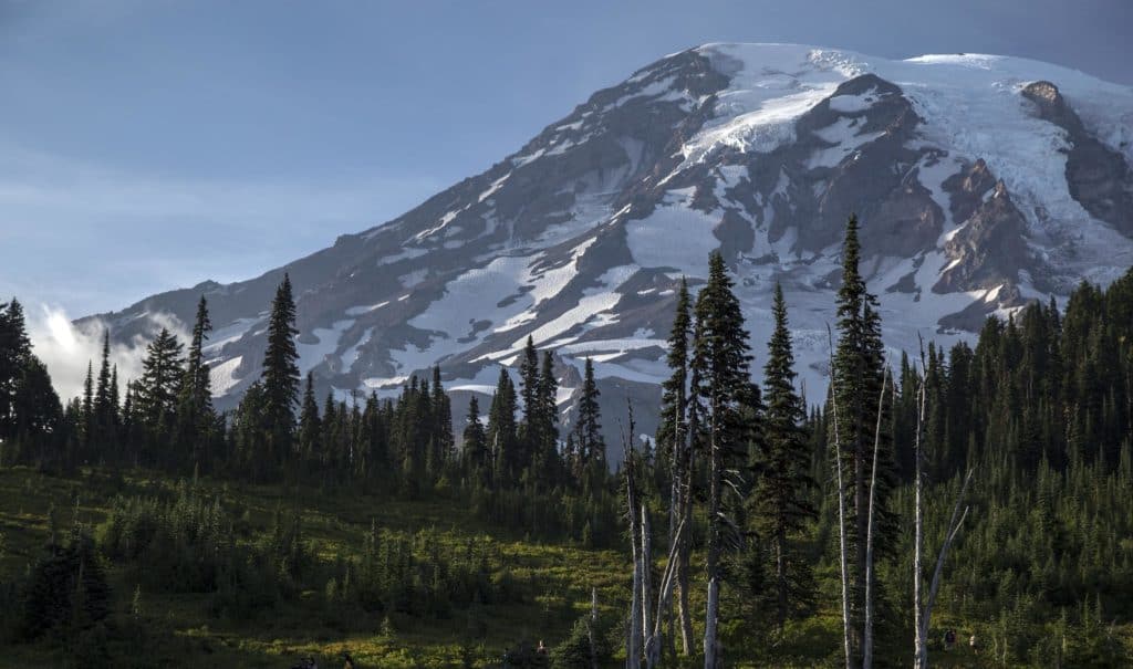 Majestic Mount Rainier stands behind a forested alpine ridge.