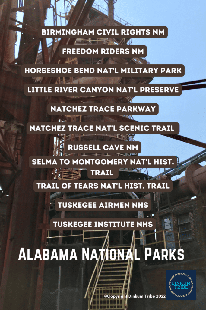 Graphic listing Alabama's National Park Sites. List of national parks and monuments by state