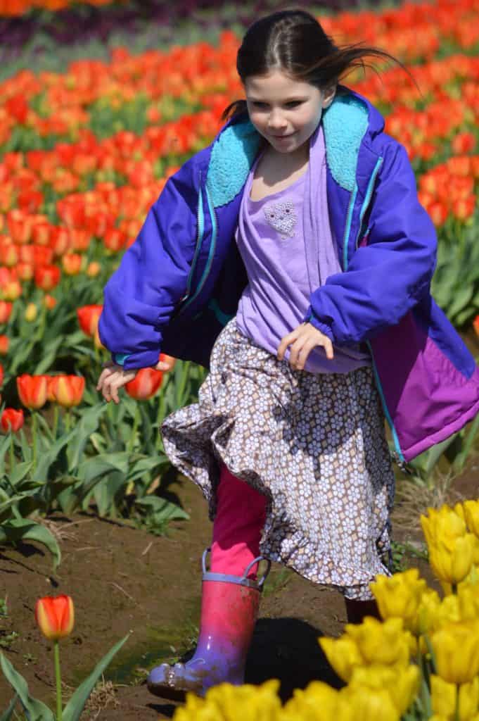 Girl running through the tulips with muddy boots. Tulip Festival Oregon best time to go.