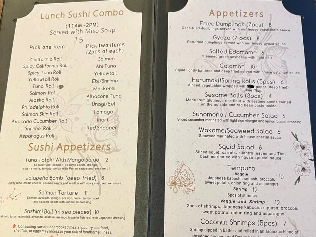 Lunch and appetizer menu at Akatsuki Sushi