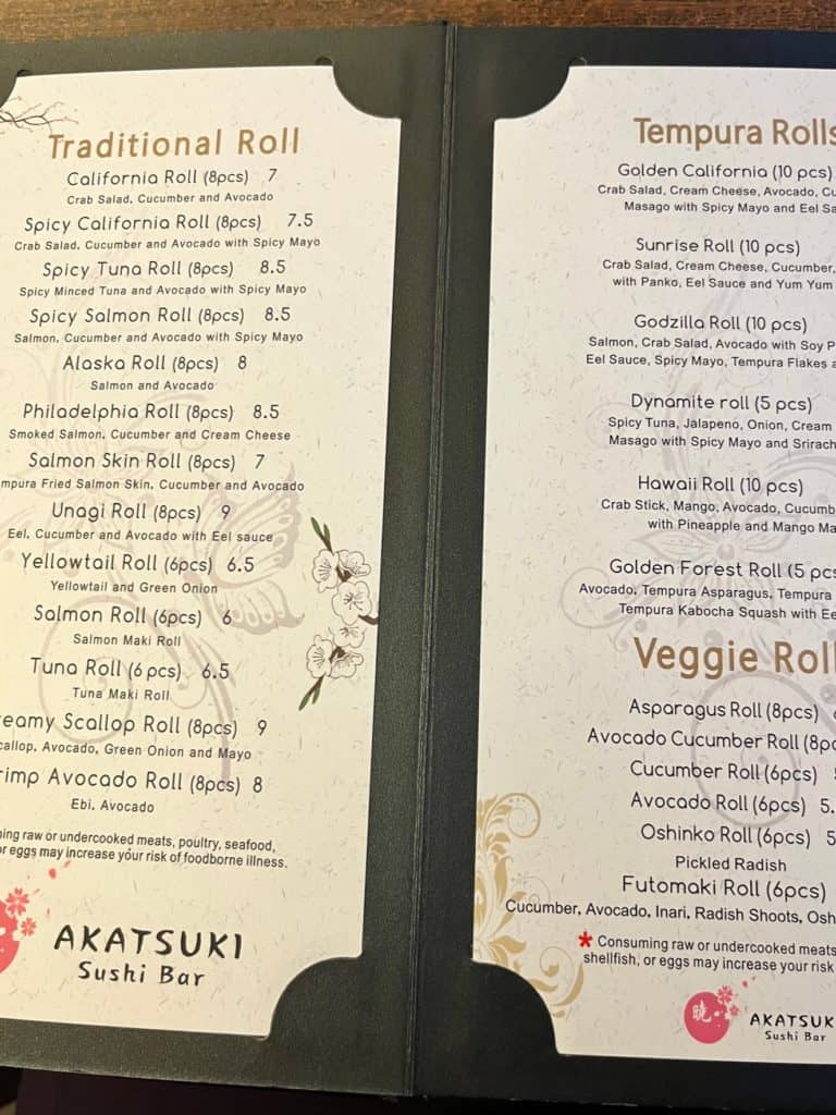 Additional menu options at Akatsuki Sushi Bar in Silverton, Oregon.
