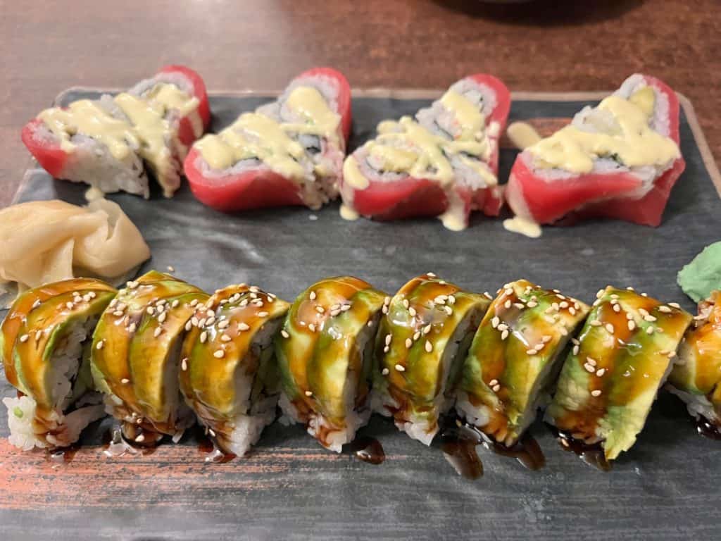 Caterpillar and sweetheart sushi rolls at Akatsuki Sushi Bar