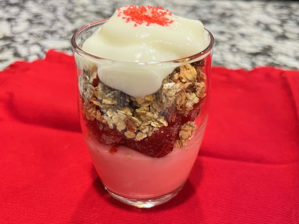 Yogurt and granola and strawberry parfait. Valentine's breakfast ideas kids