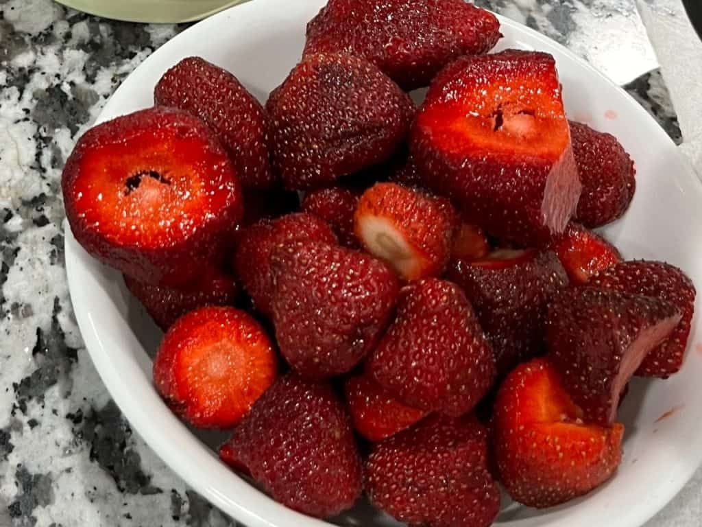 fresh hulled strawberries in a bowl. Valentine's breakfast ideas kids.