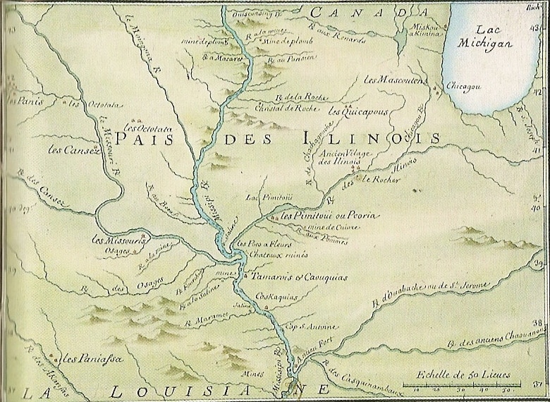 A colonial map labels the midwest as the Pais Des Illinois, the old french names for this region of France's New World Colonies.