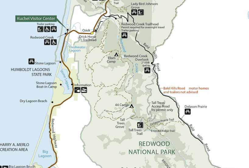 A section of a park prominently shows the location of the Kuchel Visitor Center. Red type also alerts drivers to the fact that motor homes and trailers shouldn't take Bald Hills Road.