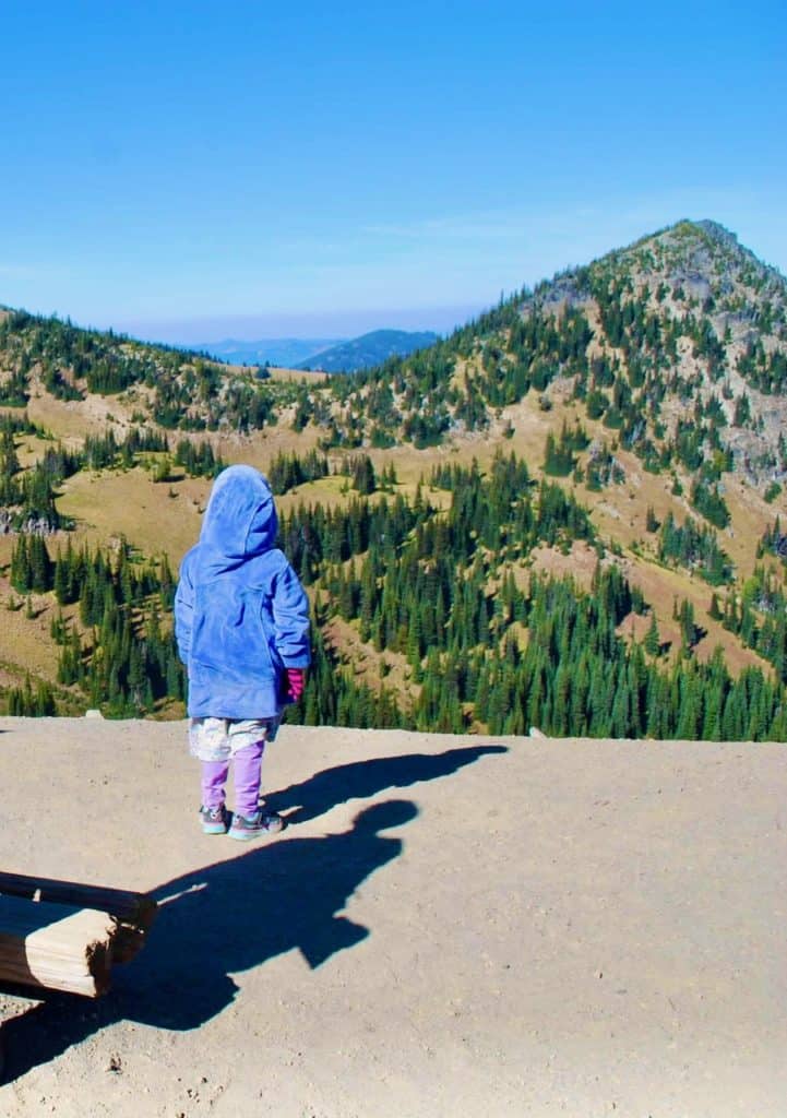 Our little daughter stands staring from a viewpoint at Mount Rainier National Park. 